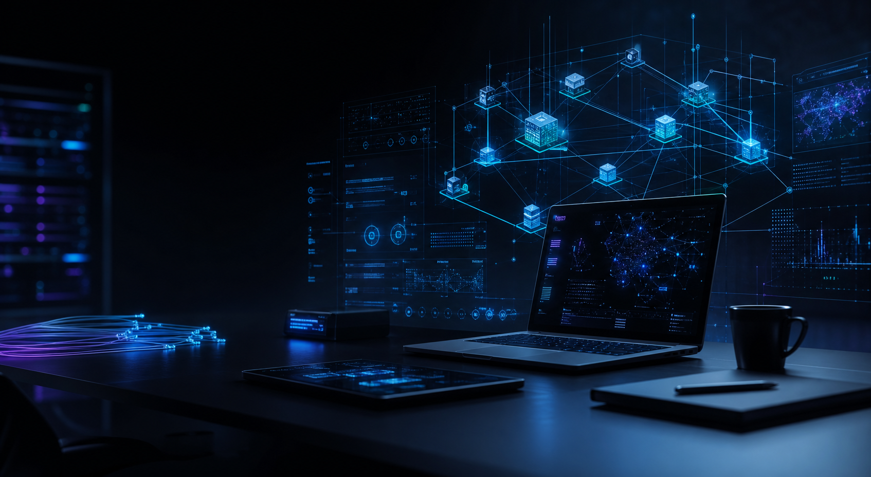 Futuristic cybersecurity and network operations workspace
